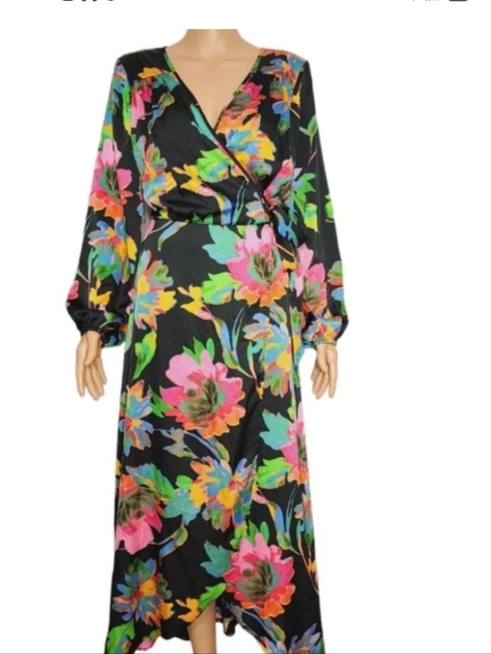 Nicole Miller Black Floral Wrap Midi Dress with Bright Multicolor Blooms Size 6